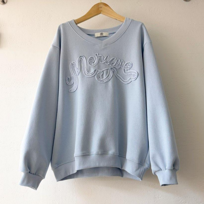 [메리브] 여성 캣 브이넥 레터링 자수 봄가을 데일리 쭈리 맨투맨 루즈핏 긴팔티셔츠 2color