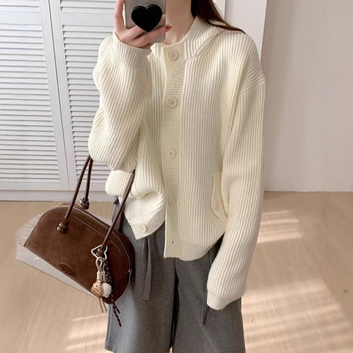 트루펙트 여성 집업 후드 니트 가디건 감성 루즈핏 스웨터 코트 아우터 상의 단추 니트 가디건 도톰 쇼트 스웨터 여성 가을 겨울 신상