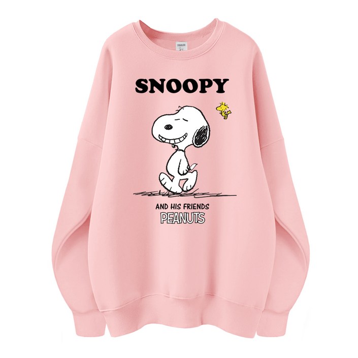 스누피 정품 남녀공용 오버핏 캐릭터 라운드 맨투맨 빅사이즈 데일리 티 루즈핏 커플 티셔츠 남자 여성 롱티 단체티 해피스누피