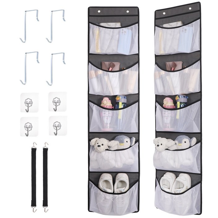 JIZZU2개입문걸이 수납망,무타공,멀티 다용도 잡물 수납포켓,대용량 5단 높이130CM,회색