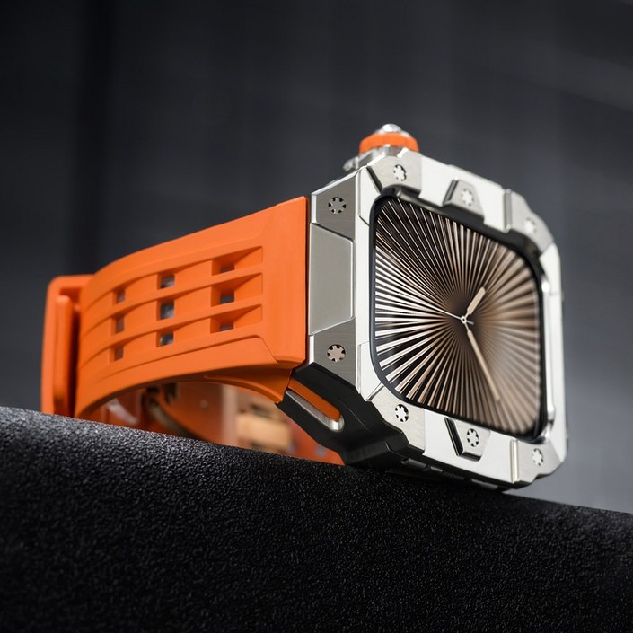 애플워치10 호환 일체형 스트랩 스테인리스 메탈 케이스 밴드 줄질 애차드밀 풀커버 46mm 호환, 10.실버케이스오렌지스트랩, 1개