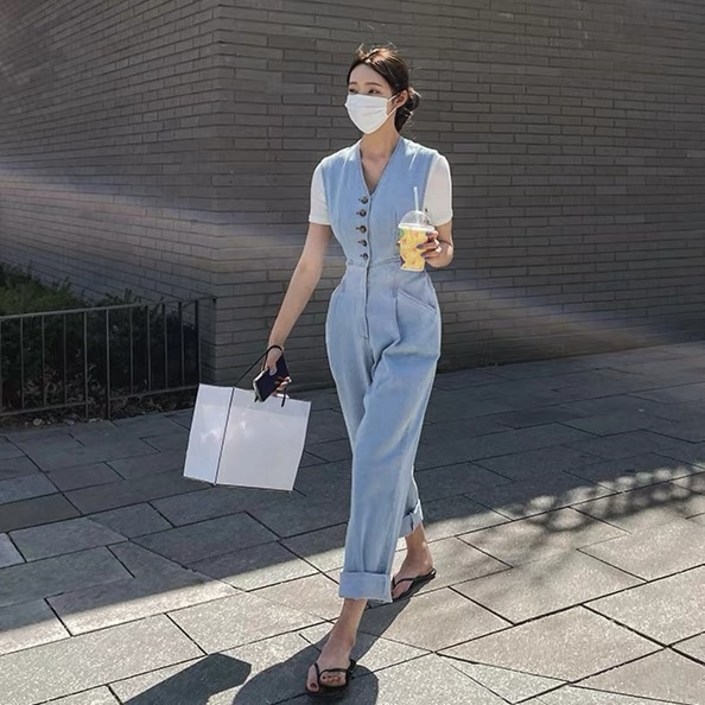 루스리더 여성 베기바지 브이넥 데님 패션 데일리 점프수트 ES64