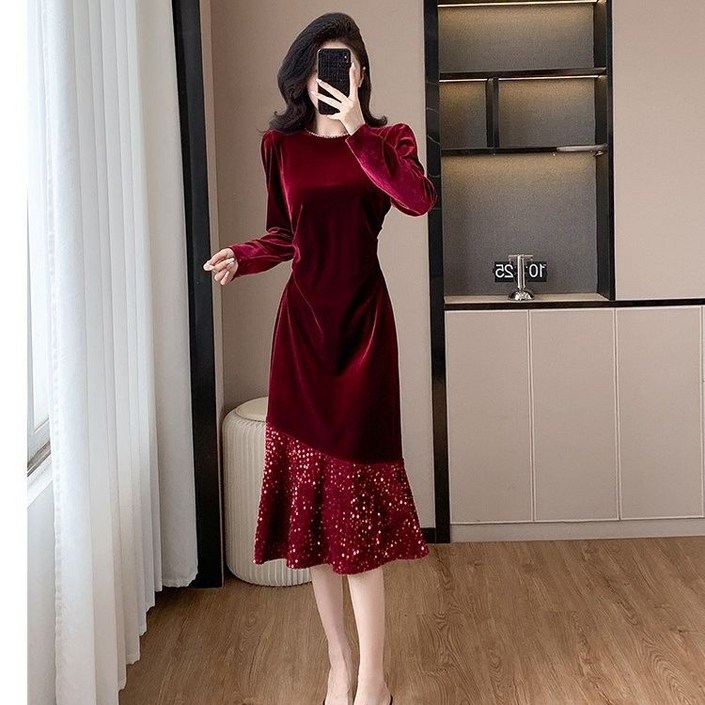 COSYEVNO 여성 미디 원피스 가을 겨울 벨벳 레이어드 슬림핏 원피스