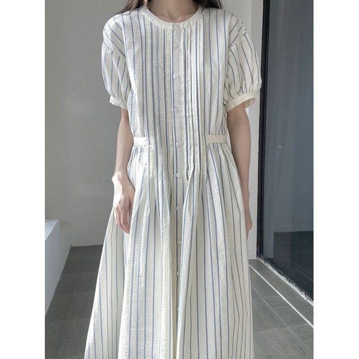 진해스 봄 여름 여성  줄무늬 롱 셔츠 원피스 8002