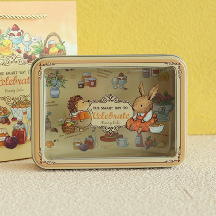 틴케이스 토끼 일러스트 투명 사각 철제 캐릭터 선물 포장 틴박스 소품함 수납함 보석함 종이백 종이가방, 03  옐로우토끼, 1개