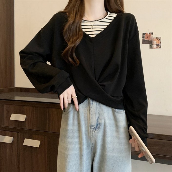 ORZQU 여성 봄가을 맨투맨 언밸런스 레이어드 스트라이프 패치 빅사이즈 루즈핏 숏맨투맨