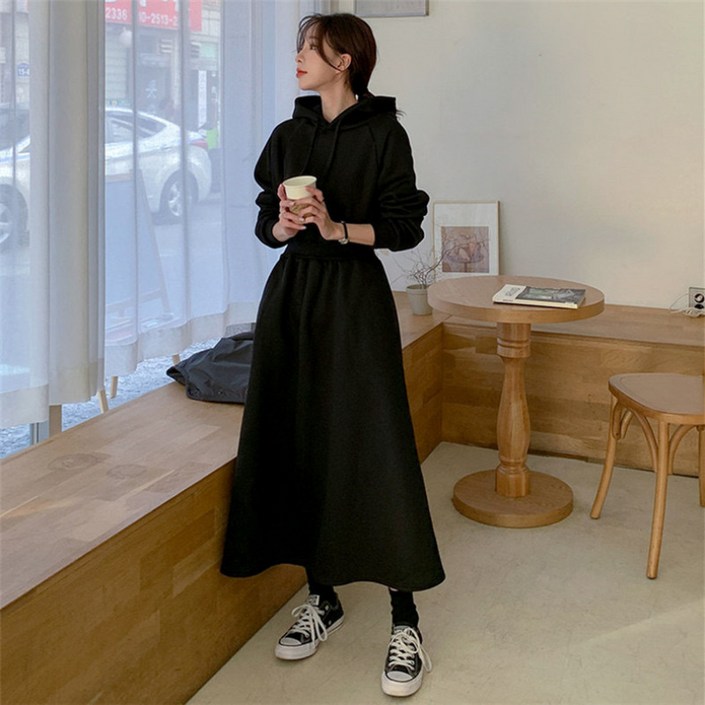 여성용 후드 롱 원피스 캐주얼 스트릿 스타일 기모 안감 플레어 롱드레스 DJP
