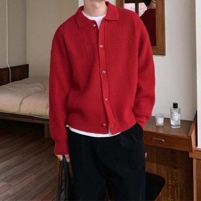 PETITBATH 남성 심플  니트 오버핏 카디건 버튼업 셔츠카라 스웨터 데일리 코디250807SYWZS3810