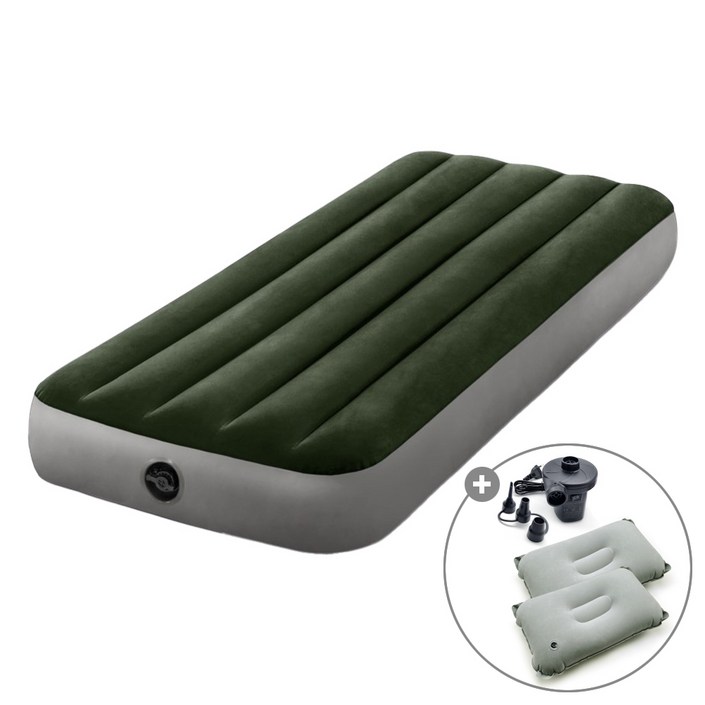 캠프빌리지 차박 캠핑 두께 25cm 듀라빔 2세대 에어매트  펌프  에어베개 2개 세트, 다크그린
