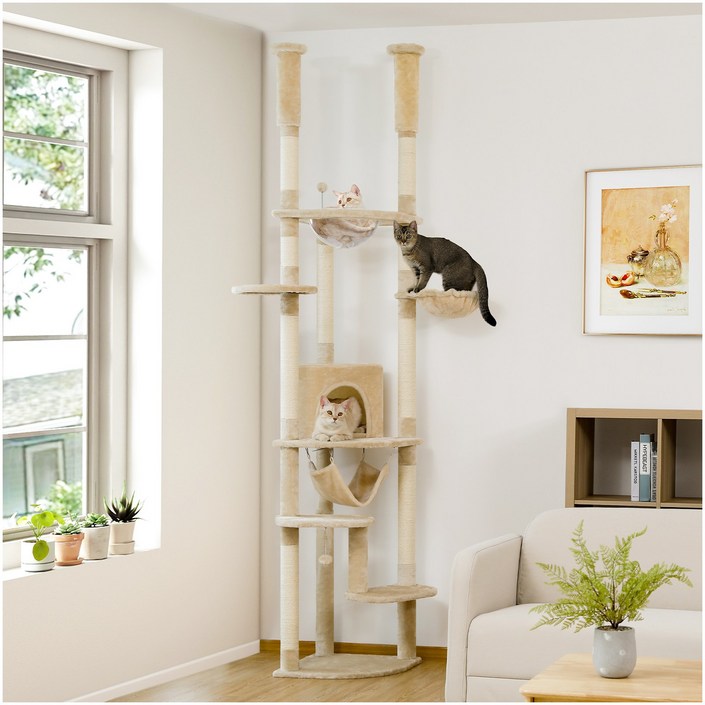 PAWZ Road 6단 대형 플러시 패브릭 캣폴,천장 고정형 트윈 기둥 높이 조절 캣타워 236CM258CM,스크래쳐 기둥숨숨집해먹, 1개, 베이지