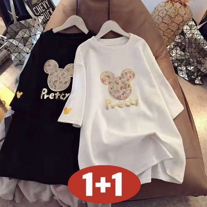 오스틱니 100kg까지 빅사이즈 1+1 날씬해보이는 편한 프린트 반팔 티셔츠 특가상품 여성 여름 라운드 무지 루즈핏 미디티 면티 박스티 귀여운 패션 롱티 반팔티티 세트