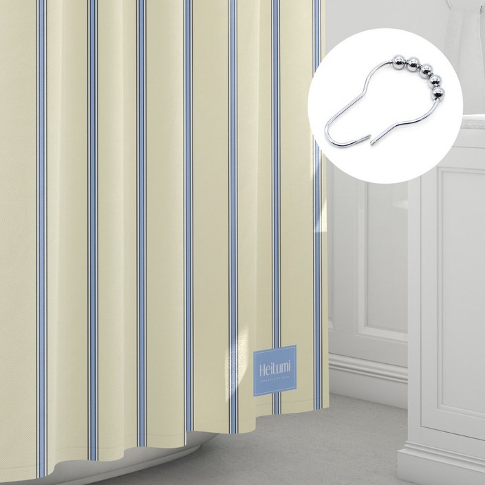 프리미엄 패브릭 방수 샤워 커튼  스텐 커튼 링 12p, 1개, 크림블루 스트라이프