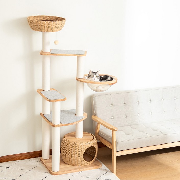캣타워 우드 원목 7단 오르기 쉬운 고양이타워 모던 스크래쳐 안전하고 견고하다 심플 프리미엄 대형 침대 강화 바스켓 투명해먹 고양이나무 캣트리 전망대 여러 마리 고양이용, 1개