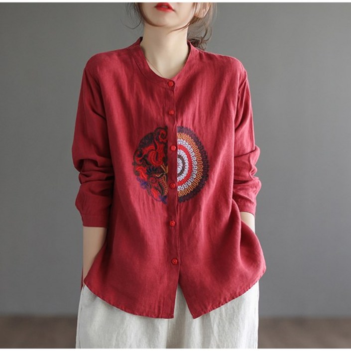 스타일닥터 여성 라운드 셔츠  봄가을 면마 긴팔 자수 상의