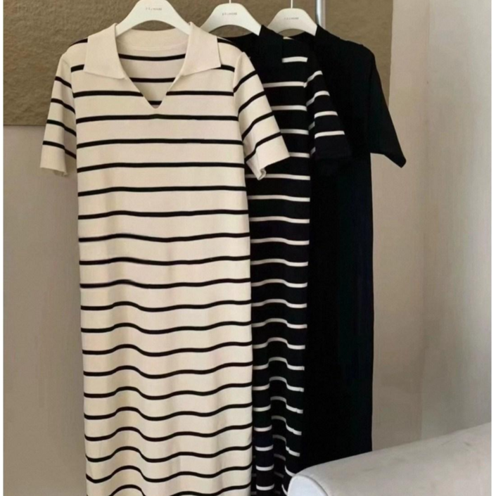 MOMOKA 카라니트원피스 줄무늬원피스 단가라원피스 오버핏 롱원피스