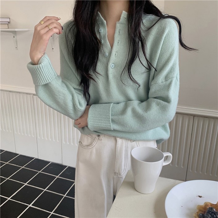여성 단추 베이직 반오픈 긴팔 가을 겨울 캐주얼 헨리넥 니트 스웨터 캔디부뜨로버튼니트
