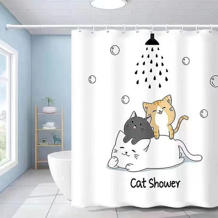 패브릭 욕실 샤워커튼 캣샤워 + 커튼링(12p) 세트