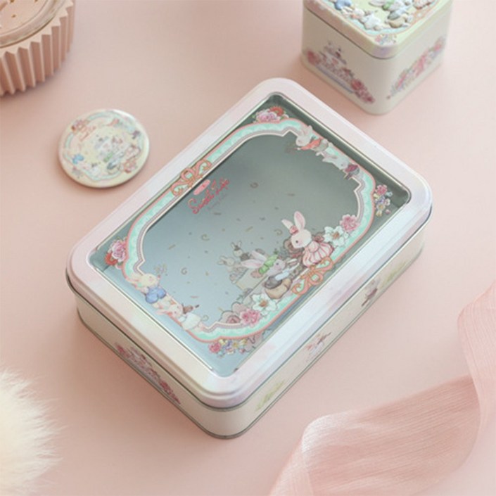 틴케이스 토끼 일러스트 투명 사각 철제 캐릭터 선물 포장 틴박스 소품함 수납함 보석함 종이백 종이가방, 02  케이크토끼, 1개