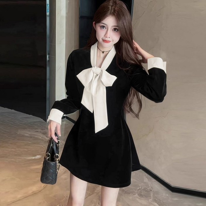 COSYEVNO 봄가을 여성 숏 원피스 리본 프렌치 기질 트랜드 드레스 스커트