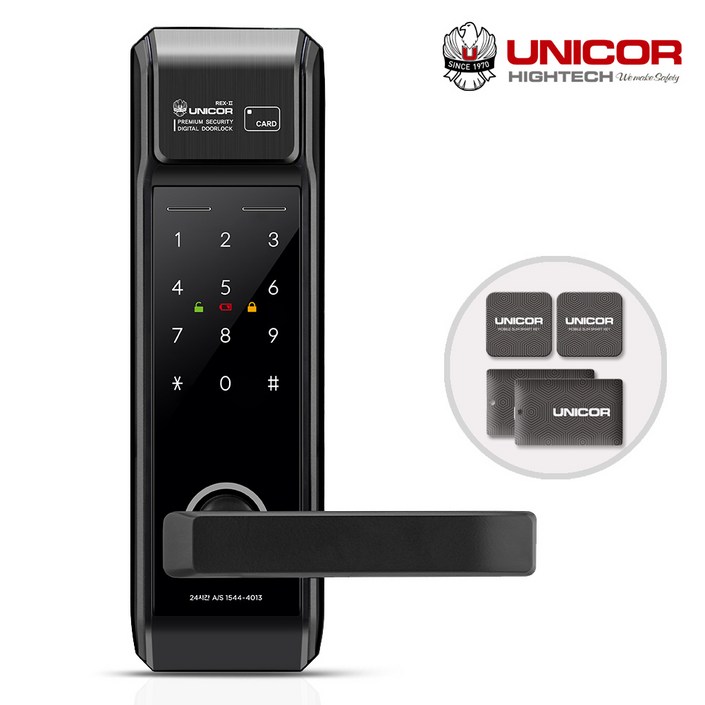 유니코 렉스2 무타공 도어록 카드키4개번호키 0초즉시잠김 잠김속도조절 이중인증변경가능 내외부강제잠금 마스터번호카드기능 허수기능 현관문 방화문 디지털도어락, 방문설치, 유니코 렉스2