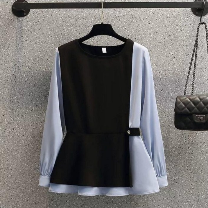 PEROLA 여성 100kg까지 봄가을 빅사이즈 라운드 허리 조임 투톤 컬러 패치 셔츠 상의 기질 캐주얼 루즈핏