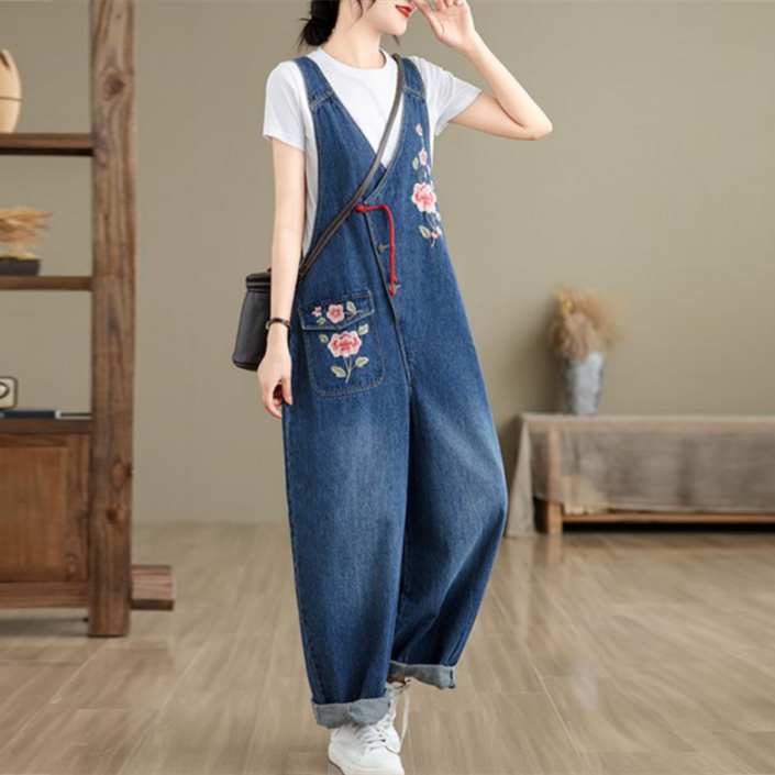 besteffie 여성 청바지 자수 꽃무늬 데님 오버롤 점프수트 캐주얼 봄 가을 패션 루즈핏 빅사이즈 박시한 멜빵바지 K83