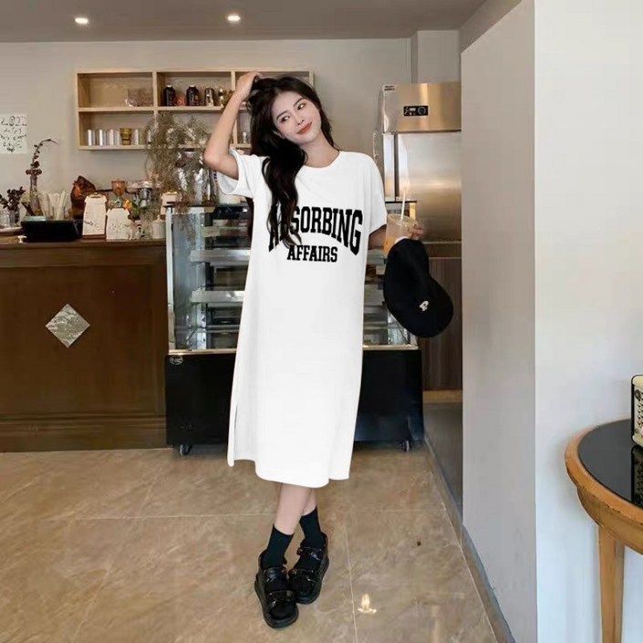 여성용 데일리 루즈핏 심플 반팔 롱 원피스