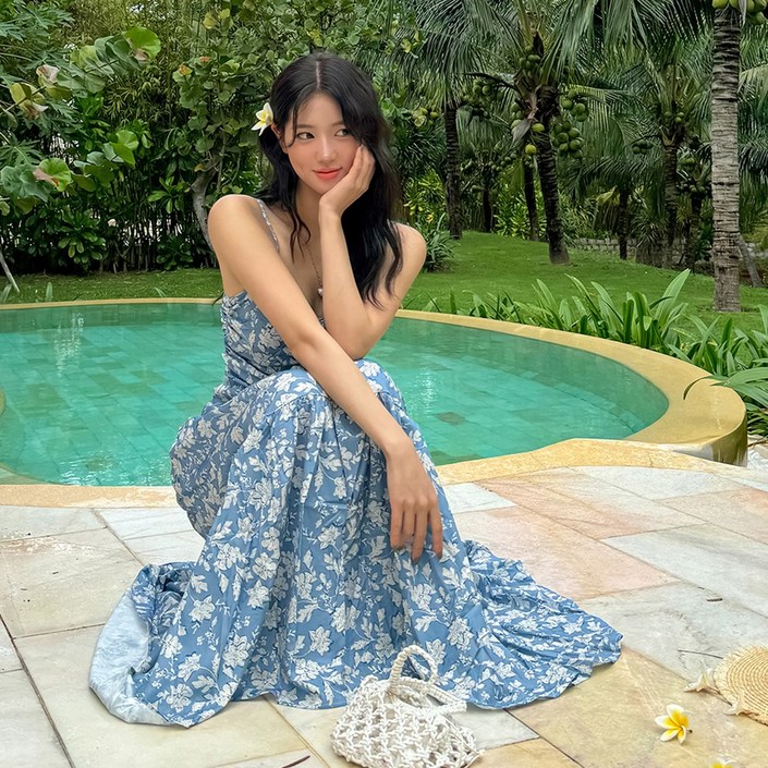 비치팜지젤 플라워 롱 원피스 휴양지 비치 여름 드레스