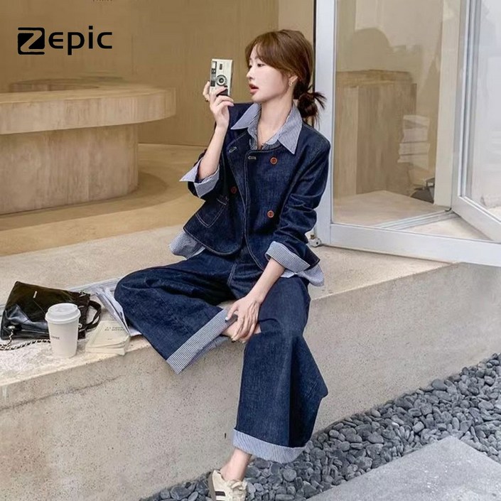Zepic 여성 데님 투피스 캐주얼 데님 패치워크데님 통바지