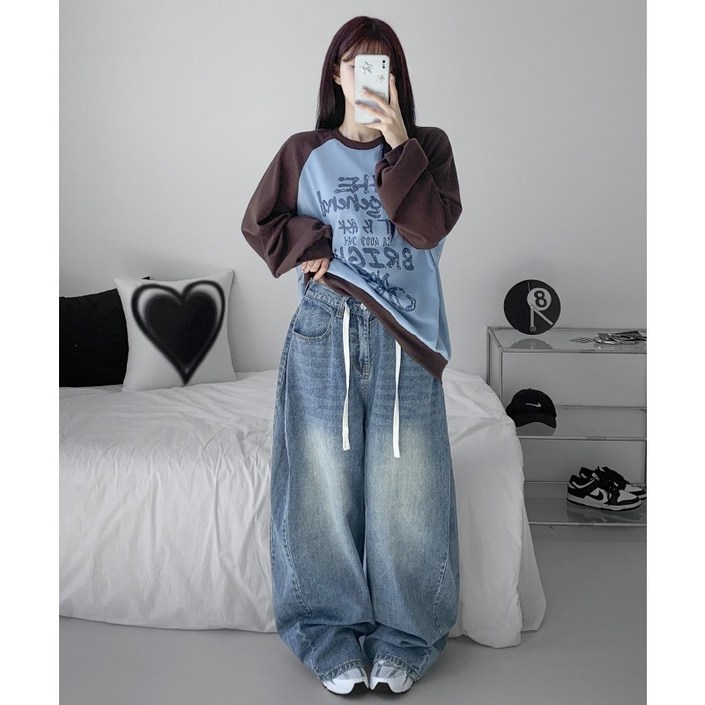 파쿠 사이드 핀턱 와이드 청바지 밑단스냅버튼 숏롱 워싱 데님 팬츠