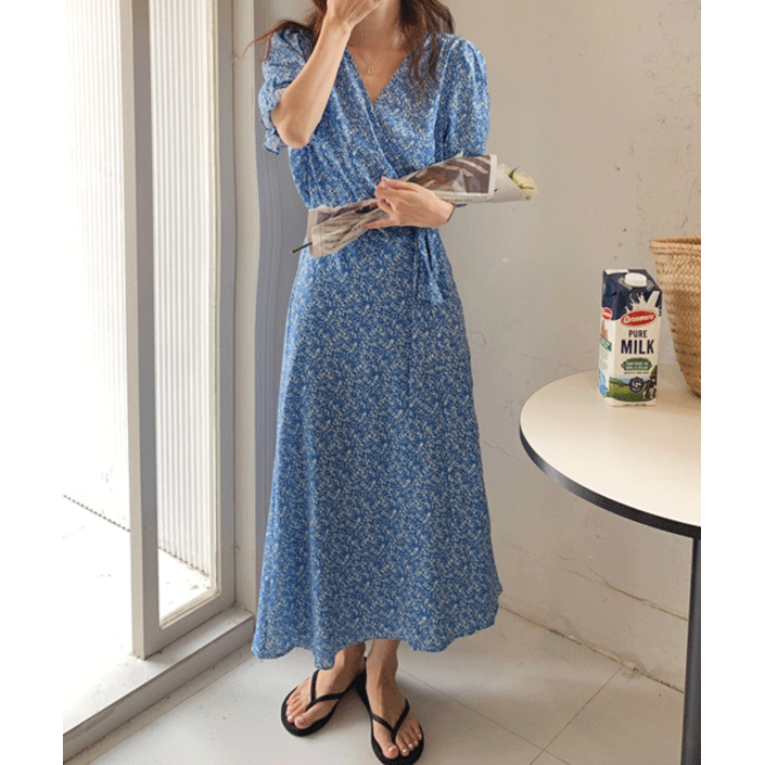 봄하면플라워 브이넥 퍼프소매 랩 롱원피스mops1502