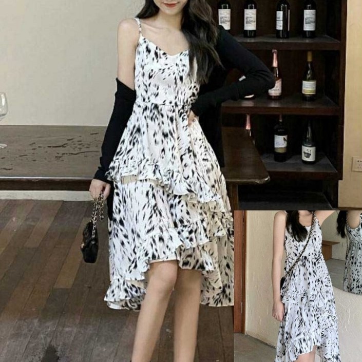 여성 언발란스 롱 플레어 스커트 플레어 나염 치마