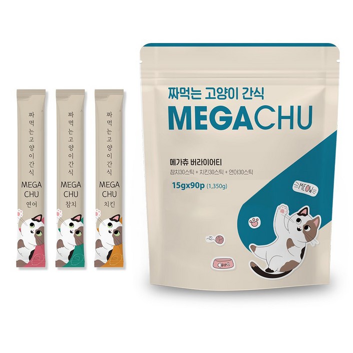메가츄 짜먹는 츄르 고양이간식 90스틱 대용량, 연어치킨참치, 15g, 90개 메가츄 짜먹는 츄르 고양이간식 90스틱 대용량, 연어치킨참치, 15g, 90개