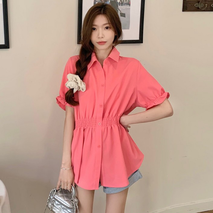 여성 캐주얼 카라 프릴 허리 밴딩 플레어 페플럼 롱 셔츠