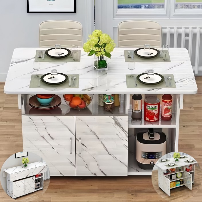 YAPOGI 가족 다인용 다용도 확장형 수납 가능 대리석 무늬 우드 식탁 인조 도자리 식탁 수동 설치 가능 접이식 식탁, 6인용, 흰색