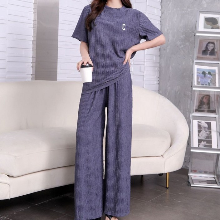 여성 플리츠 세트 상하의 트레이닝 세트 반팔티 캐주얼세트