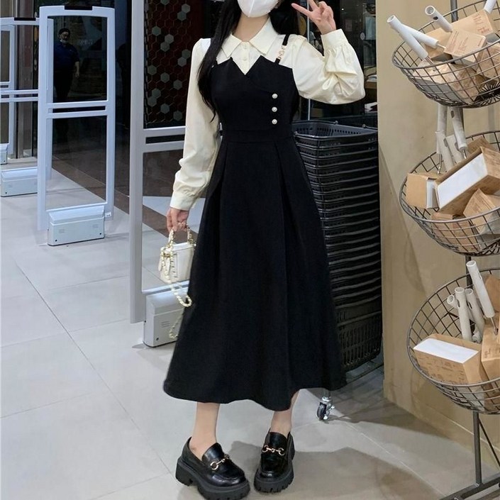 ANYOU 여성 카라 긴팔 원피스 슬림 학원풍 데일리룩 하객룩 패션 롱원피스