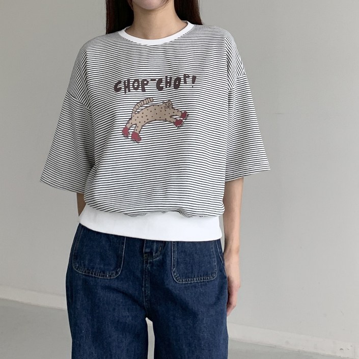 행복여 롤러 타이거 레터링 스트라이프 7부 맨투맨 티셔츠