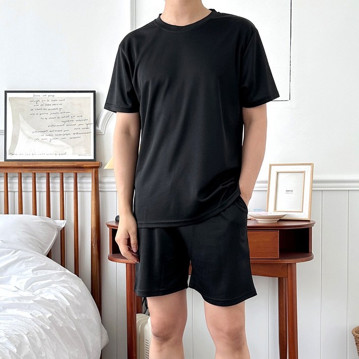 남성 2종 아이스 쿨 여름 트레이닝 세트 냉장고 바지  냉감 반팔 티셔츠 7부바지 5부 반바지