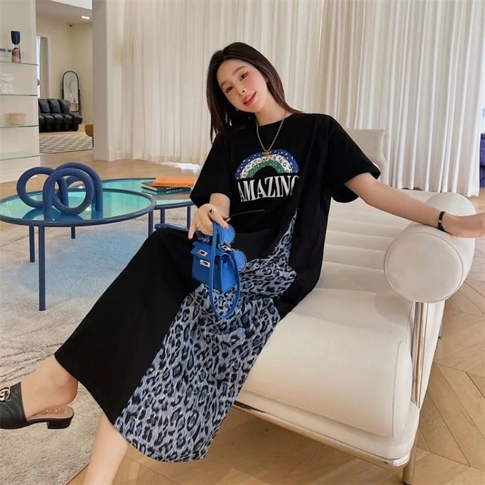 녕동 여성 라운드 반팔 롱 원피스 오버핏 캐주얼 호피무늬 배색 롱티 빅사이즈 A라인 롱 원피스 데일리룩