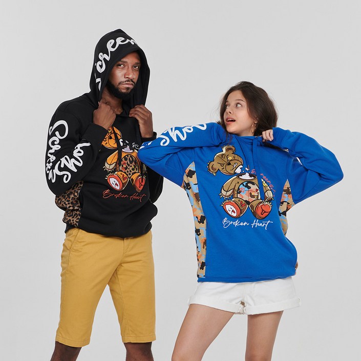 무니크영 H1121  남녀공용 빅사이즈 프린트 자수 패치 오버핏 브로큰 하트 베어 후드티