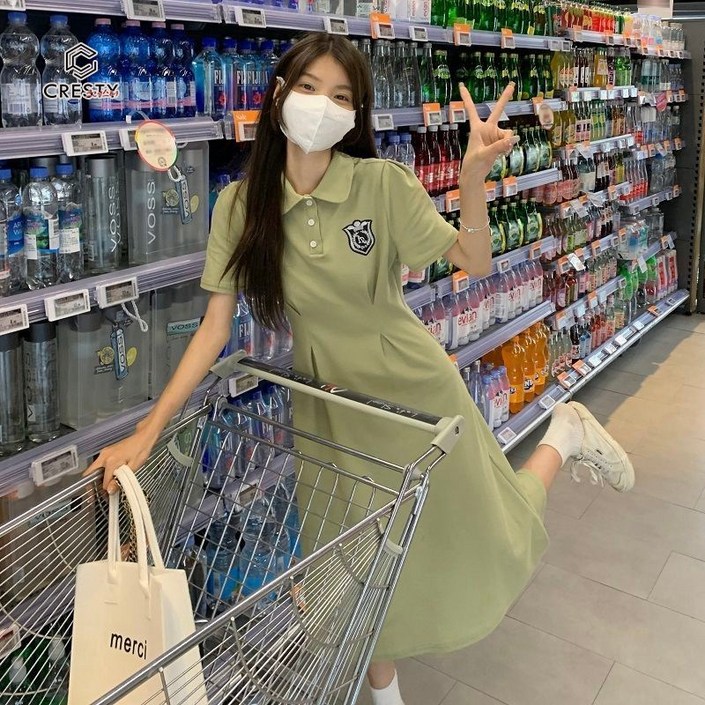 크레스티 여성 여름 빅사이즈 반팔 롱 스커트 면 모던 카라 원피스