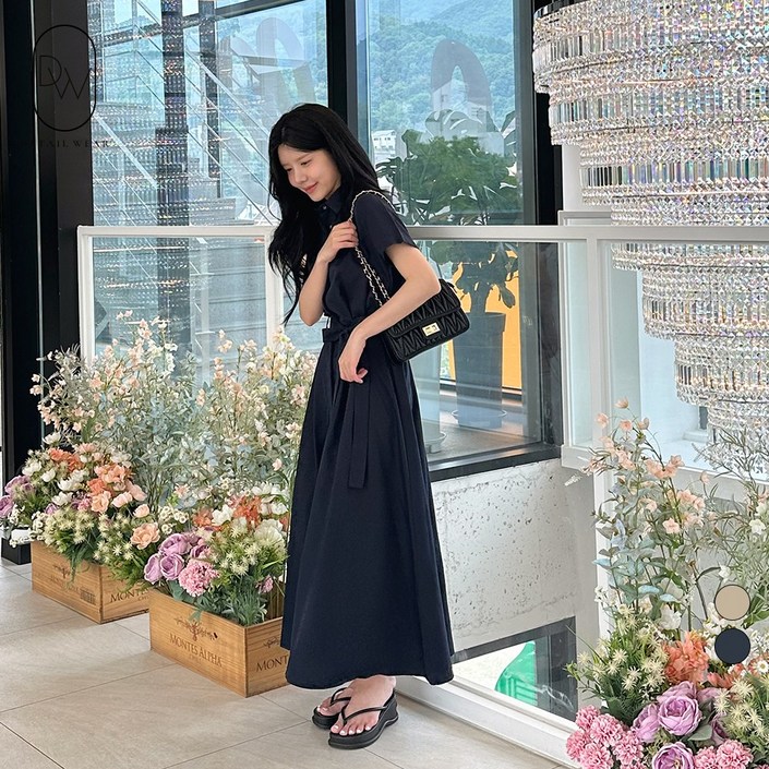 디테일웨어 여성 카라 셔츠 스트랩 롱원피스 면소재 플레어라인 임부복 반팔 원피스 단정한 하객룩 상견례룩