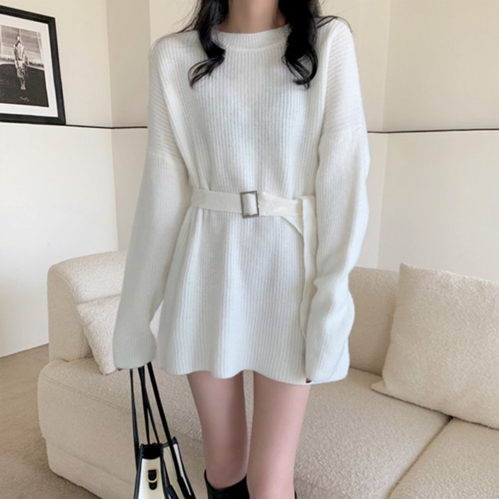 라라홀리 베이직 심플 라운드넥 골지 허리벨트 니트 원피스