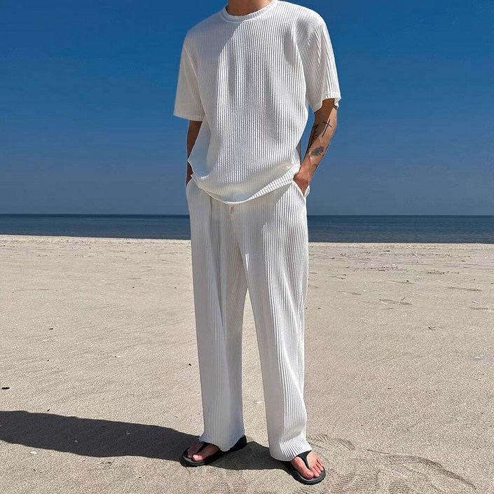 Ashysnow 남자 여름 쿨 트레이닝복 루즈핏 반팔티 캐주얼 바지 투피스