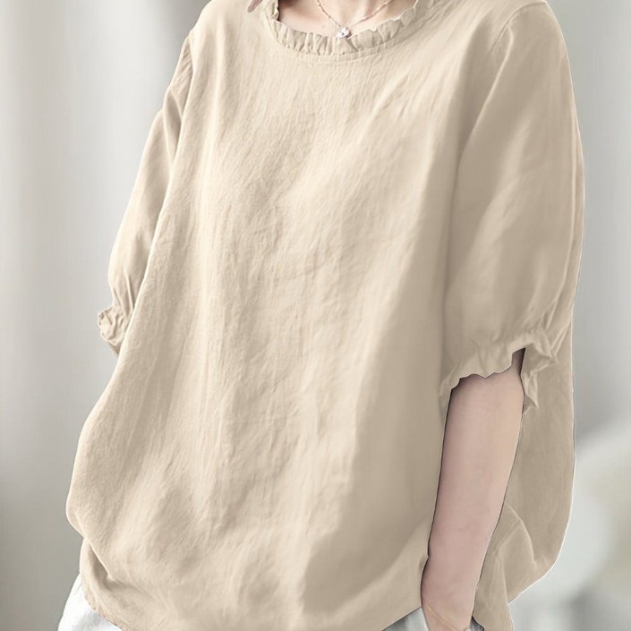 중동 스타일 라운드 넥 랜턴 슬리브  러플 디테일 여성용 루즈핏 솔리드 컬러 블라우스  기계 세탁 가능 사계절 우아한 셔츠 캐주얼 및 정장용 편안한 패션 부드러운 소재