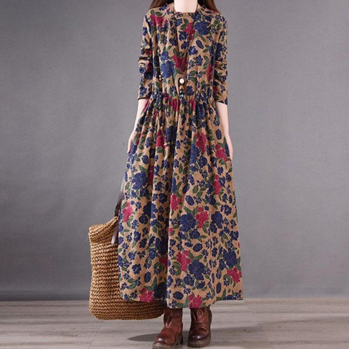 COSYEVNO 마 원피스 미디 춘추 플라워 스커트