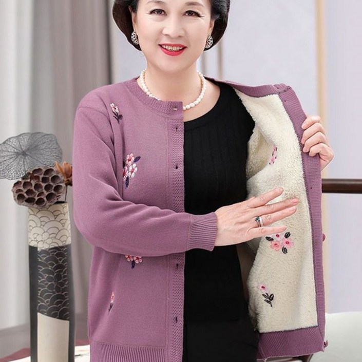중장년층 고급 두 겹 플리스 카디건 봄 가을 외투 기모 두꺼운 스웨터 엄마용 니트 할머니용 가을 의상 여성용 상의 봄 가을 의류 빅사이즈