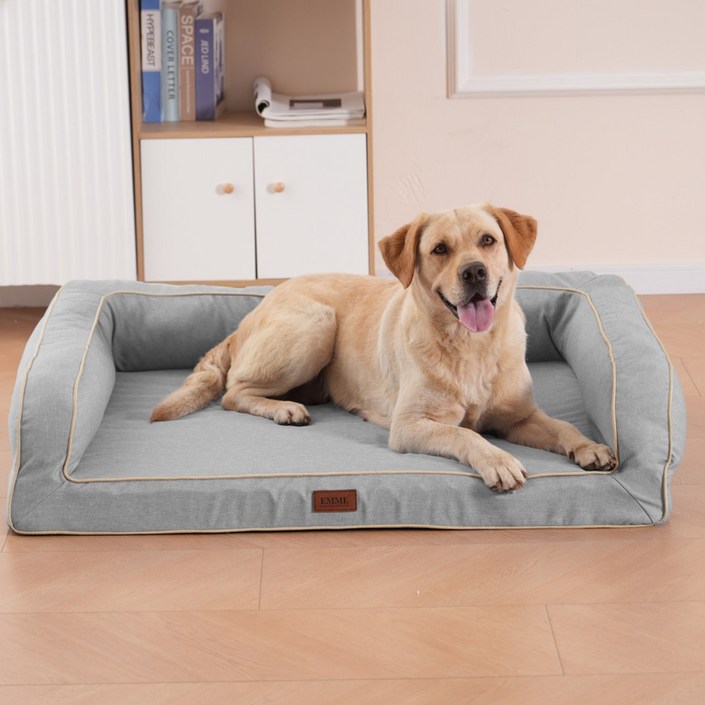 EMME 강아지 베드 청소가 쉬운 방수 펫 베드 소파 세탁 가능한 통기성 좋고 눅눅하지 않은 베개 포함 쿠션감이 뛰어난 고반발 노령견 강아지 고양이 다둥이 사육용 분리 가능한 커버, 1개, Waterproof Type-Light Gray