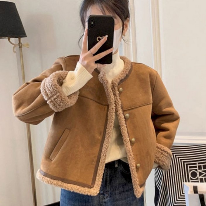 Modern Fashion 여성 털 숏 자켓 스웨이드 라운드넥 양털 무스탕